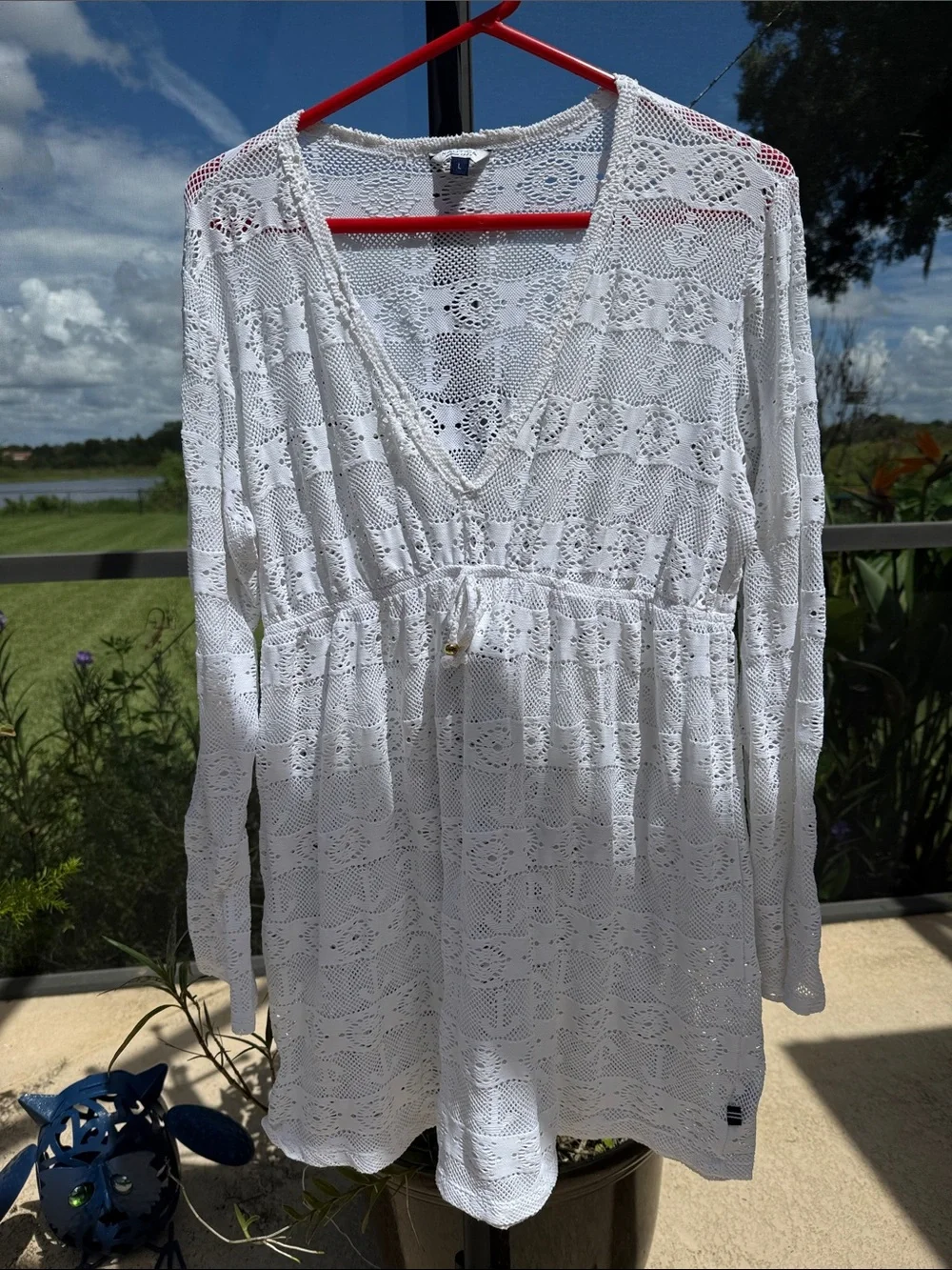 Nautica White Crochet V-Neck Long-Sleeve Swim Coverup